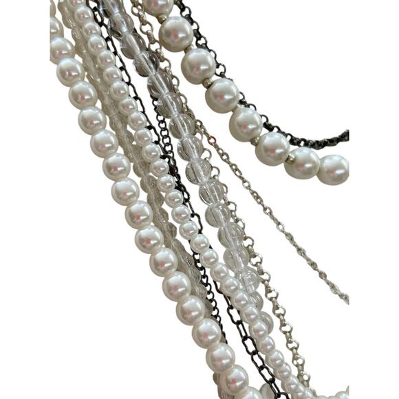 Mixed Beads Multistrand Tiered Necklace White Silvertone Pewter Oversize Lobster - Picture 4 of 7